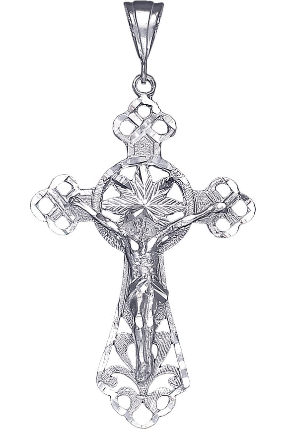 Large Sterling Silver Cross with Jesus Pendant Necklace with Diamond Cut Finish