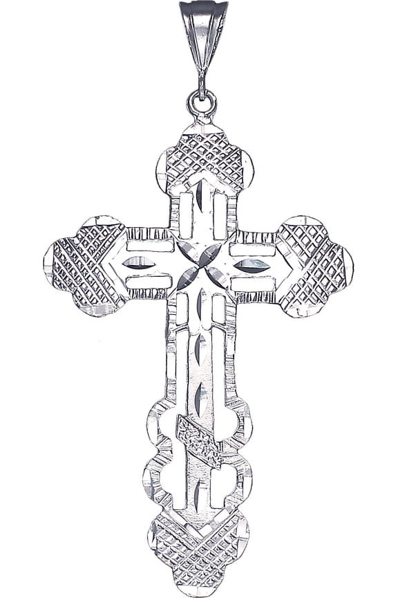 Large Sterling Silver Cross without Jesus Pendant Necklace with Diamond Cuts