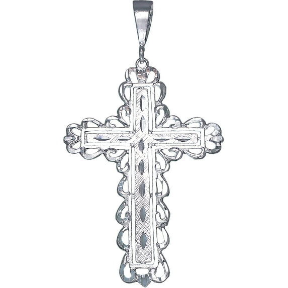 Large Sterling Silver Cross without Jesus Pendant Necklace with Diamond Cuts