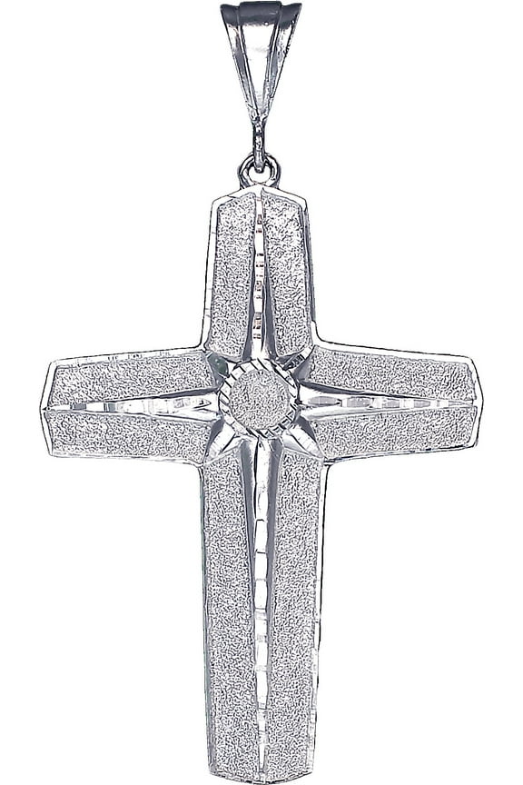 Large Sterling Silver Cross without Jesus Pendant Necklace with Diamond Cuts