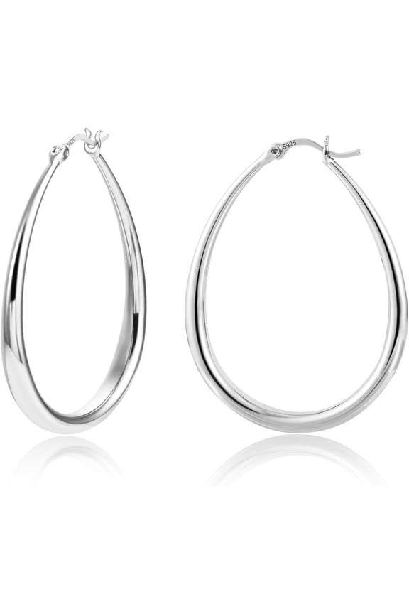 Large Sterling Silver Dangle Oval Hoop Earrings - Hypoallergenic Dangling Earrings for Women - Lightweight & Comfortable - Real Gold Plated - Shower & Sleep Safe - Jewelry