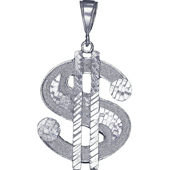 Large Sterling Silver Dollar Sign Charm Pendant Necklace 8.5 Grams 2.1 Inches with Diamond Cut Finish and 24 Inch Figaro Chain