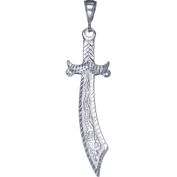 Large Sterling Silver Dragon Sword Charm Pendant Necklace 8.5 Grams 3.2 Inches with Diamond Cut Finish and 24 Inch Figaro Chain