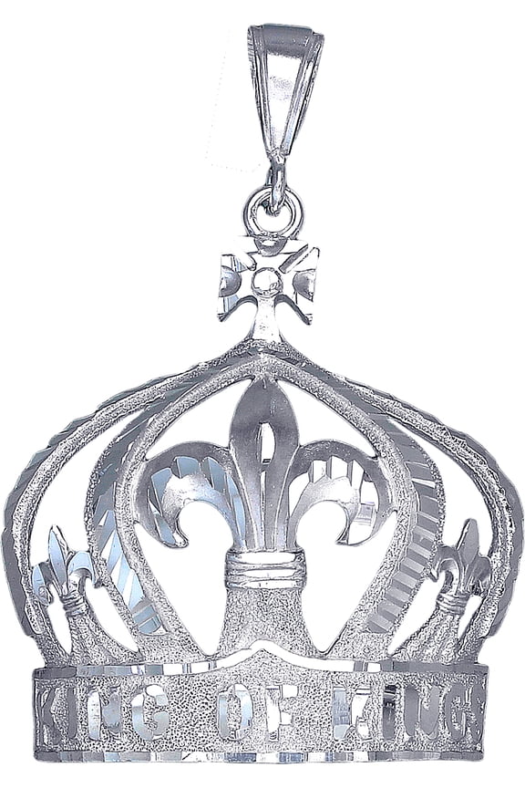 Large Sterling Silver King Crown Charm Pendant Necklace 10 Grams 2.2 Inches with Diamond Cut Finish and 24 Inch Figaro Chain