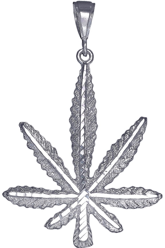 Large Sterling Silver Marijuana Leaf Charm Pendant Necklace 6.7 Grams 2.5 Inches with Diamond Cut Finish and 24 Inch Figaro Chain