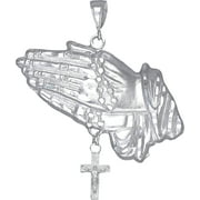 EJEWELRYPLUS Large Sterling Silver Praying Hands with Rosary Cross Pendant Necklace Diamond Cut Finish and 24 Inch Chain