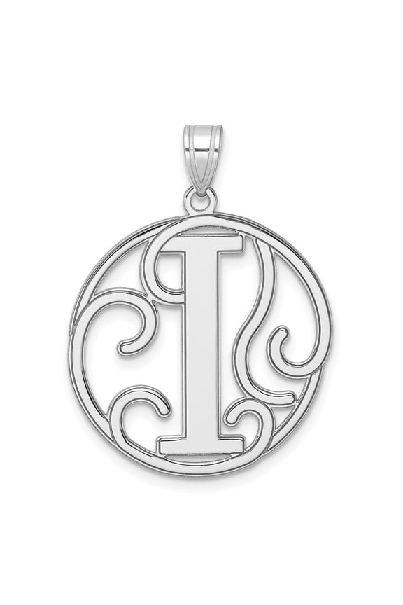 Large Sterling Silver Rhodium-plated Fancy Script Letter I Initial Pendant