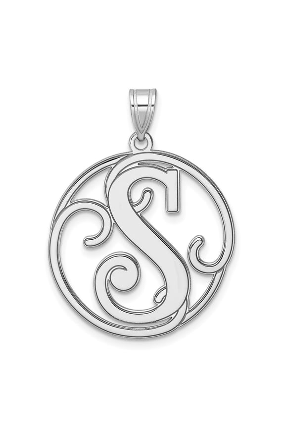 Large Sterling Silver Rhodium-plated Fancy Script Letter S Initial Pendant