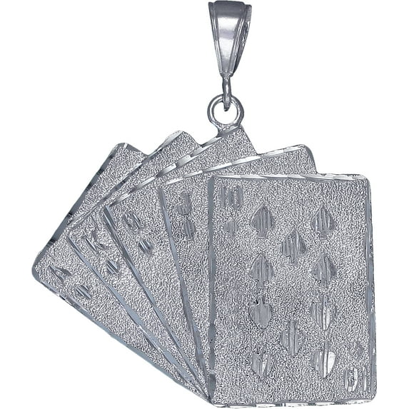 Large Sterling Silver Royal Flush of Hearts Poker Charm Playing Cards Pendant Necklace 10 Grams 2.1 Inches with Diamond Cut Finish and 24 Inch Figaro Chain