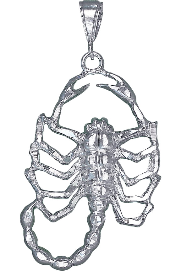 Large Sterling Silver Scorpion Pendant Necklace 2.6 Inches with Diamond Cut Finish and 24 Inch Figaro Chain