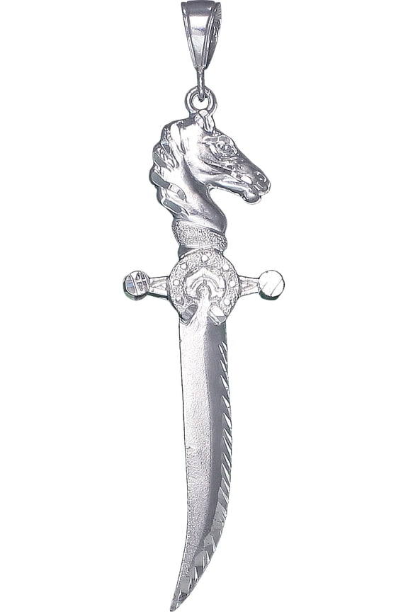 Large Sterling Silver Sword with Horse Head Hilt Charm Pendant Necklace 6 Grams 3.4 Inches with Diamond Cut Finish and 24 Inch Figaro Chain