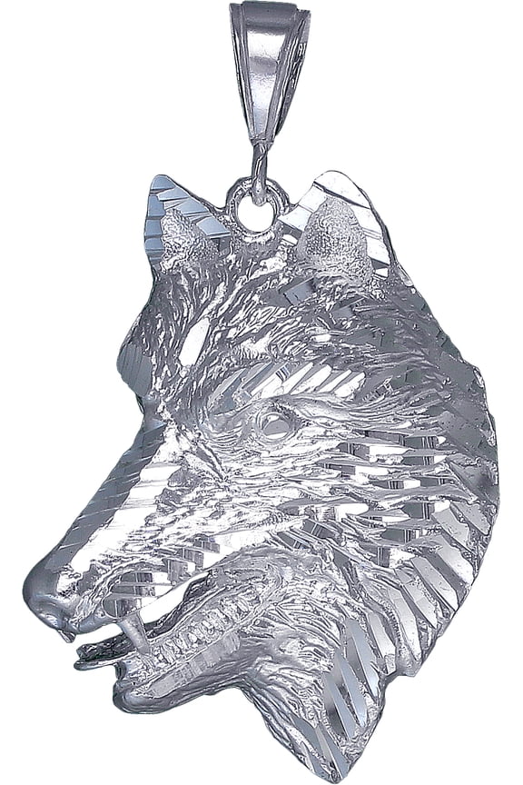 Large Sterling Silver Wolf Head Pendant Necklace 9 Grams 2.1 Inches with Diamond Cut Finish and 24 Inch Figaro Chain