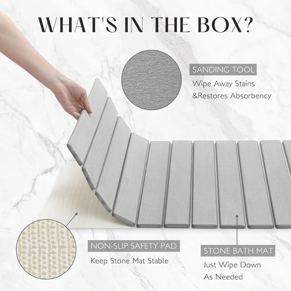 Large Stone Bath Mat, 31"x 23.5" Non-Slip Diatomaceous Earth Bath Mat, Ultra-Absorbent Quick-Drying Stone Drying Mat for Kitchen Bathroom Pet Bowl, Rollable & Foldable Stone Bath Mat, Gray XL