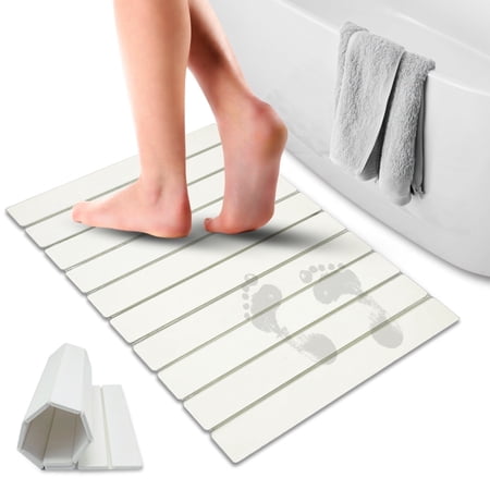 Large Foldable White Diatomaceous Earth Stone Bath Mat 24" x 16" – Quick Dry, Non-Slip, Super Absorbent Shower Mat, Mold & Odor Resistant