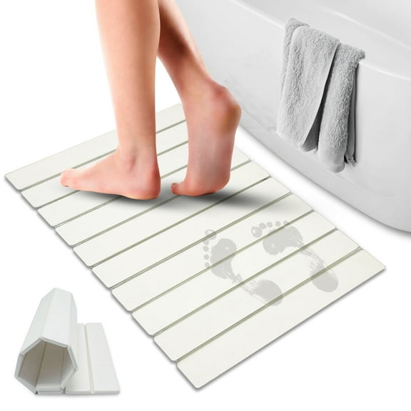 Large Foldable White Diatomaceous Earth Stone Bath Mat 24" x 16" Quick Dry, Non-Slip, Super Absorbent Shower Mat, Mold & Odor Resistant
