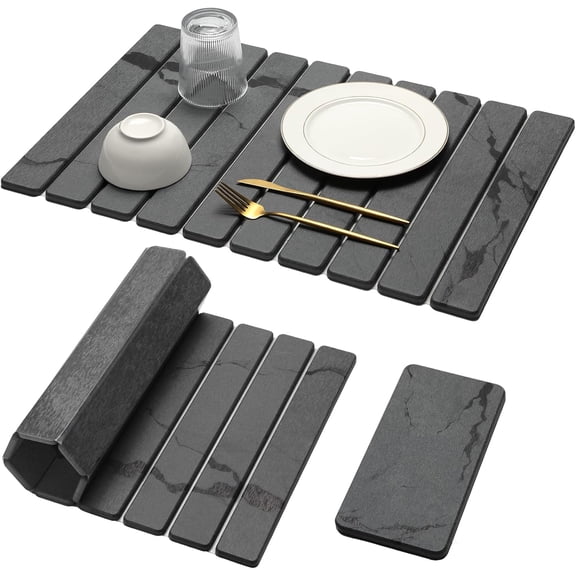 Large Stone Dish Drying Mat for Kitchen Counter, 2PCS Quick Dry Stone Dishes Mat,Foldable Water Absorbing Diatomaceous Drying Organizer Pad for Plate Rack Bottles Utensils(Dark Gray 24"16" & 8"x4")