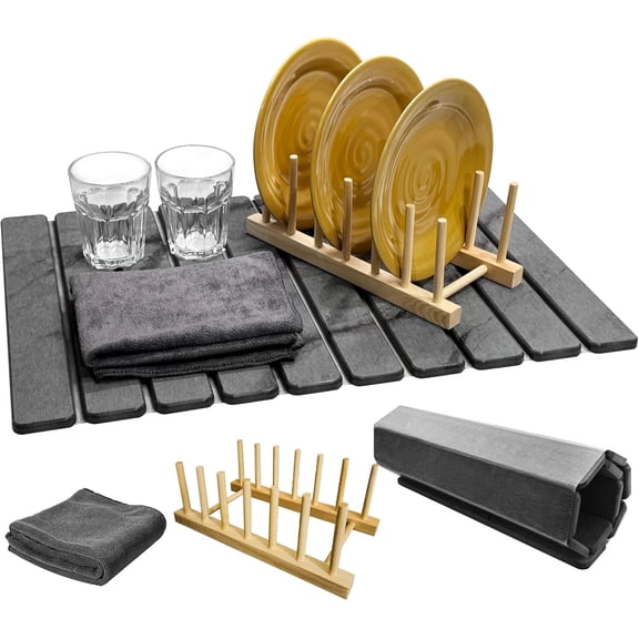 Large Stone Dish Drying Mat for Kitchen Counter, Collapsible Marbled Quick-Dry Diatomaceous Earth Mat with Dish Rack and Towel, Versatile Drying Mats for Kitchen Utensils (Dark Gray 23.6"15.4")