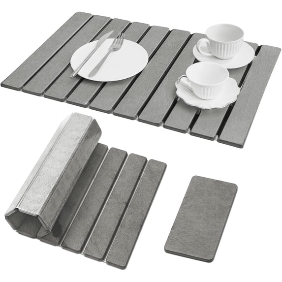 DROPEO Stone Dish Drying Mat for Kitchen Counter, Large 24" x 16" Foldable Diatomaceous Earth Drying Mat with Mini Soap Tray, Quick Dry Dish Mat, Light Gray