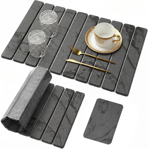 DROPEO Stone Dish Drying Mat for Kitchen Counter, Large 24" x 16" Foldable Diatomaceous Earth Drying Mat with Mini Soap Tray, Quick Dry Dish Mat, Dark Gray