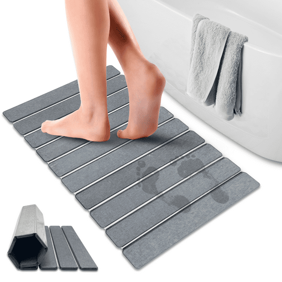 Easymora Foldable Stone Bath Mat Large 24"x16" Diatomaceous Earth Quick Dry Non-Slip Shower Mat, Super Absorbent & Easy Clean, Dark Gray