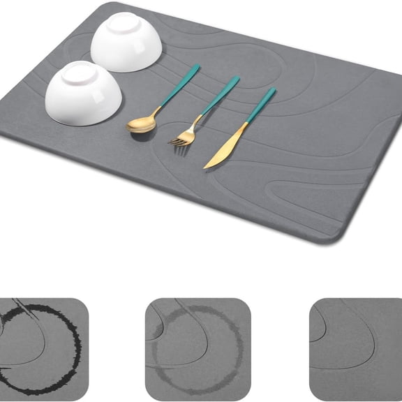 Large Stone Drying Mat for Kitchen Counter - 24"x16" Dirt-Resistant Quick Drying Fast Absorbent Non-Slip Diatomite Mat, Natural Diatomaceous Earth Dish Drying Pad for Dish Rack(Dark Grey)