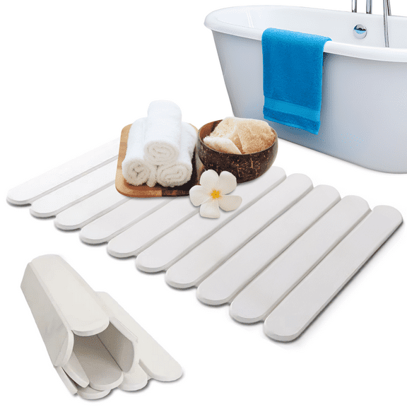 Large Stone Bath Mat 24"x16" Foldable Quick Dry Diatomaceous Earth Shower Mat, Fast Absorbent Non-Slip Bathroom Floor Pad White