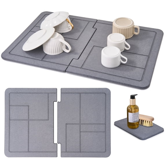 Large Stone Drying Mat for Kitchen Counter+Sink Caddy, 100% Natural Stone Dish Drying Mat, Quick Drying, Non-Toxic, BPA-Free, JIGSAW Drying Matt Kitchen Counter (Dark Gray 24"×16" & 8"x4")