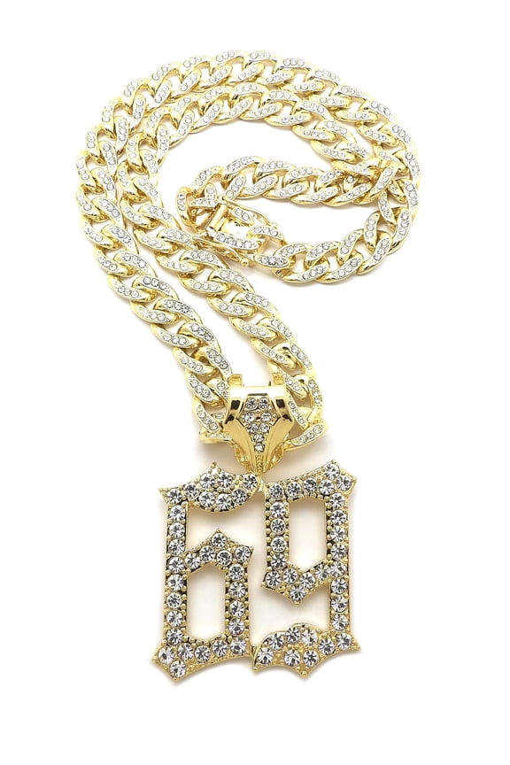 Large Stone Stud 69 Hip-Hop Pendant with 10mm 18" Box Lock Iced Out Cuban Chain Necklace in Gold-Tone