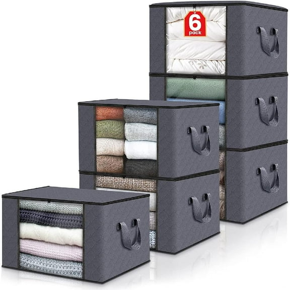 Large Storage Bag, 6 Pack Clothes Storage Box Foldable Closet Organizer with Durable Handle Thick Fabric For Blanket Clothing Bedding (Grey)