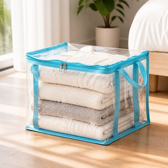 Large Storage Bag, Foldable Thick Plastic Storage Box, 15" x 9.4" x 12.6", Clear PVC Build, Zipper Closure, Reinforced Handles, Garment Linen Toy Organization, Home Travel Moving Use