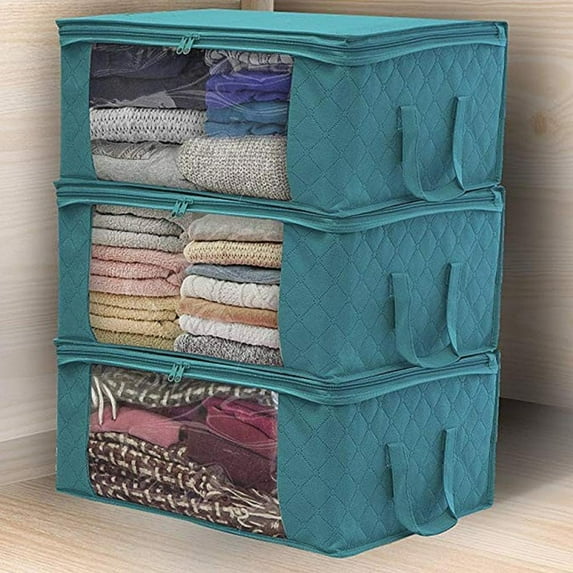 Large Storage Bags, 1 Pack Clothes Storage Bins Foldable Closet Organizers Storage Containers with Durable Handles Thick Fabric for Blanket Comforter Clothing Bedding (Blue)