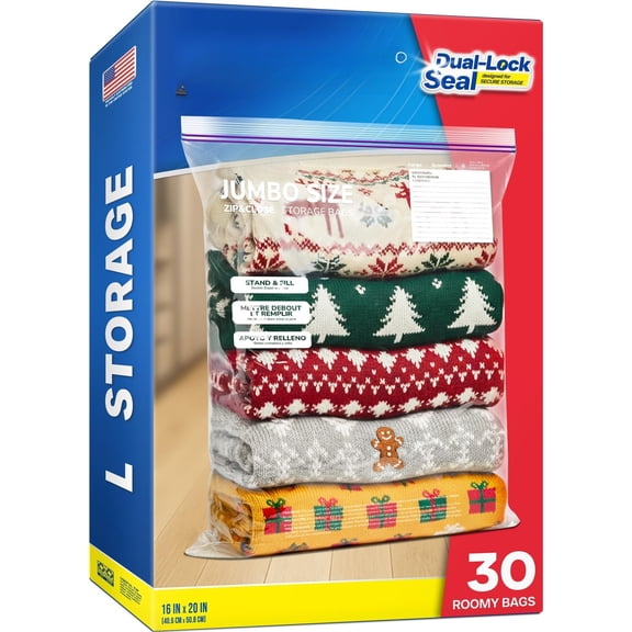 Large Storage Bags, 16"x20" Plastic Bag, , 3.5 Gallon XL Zipper Lock Baggies for Clothes Pillow Travel Moving - 30 Roomy Bags