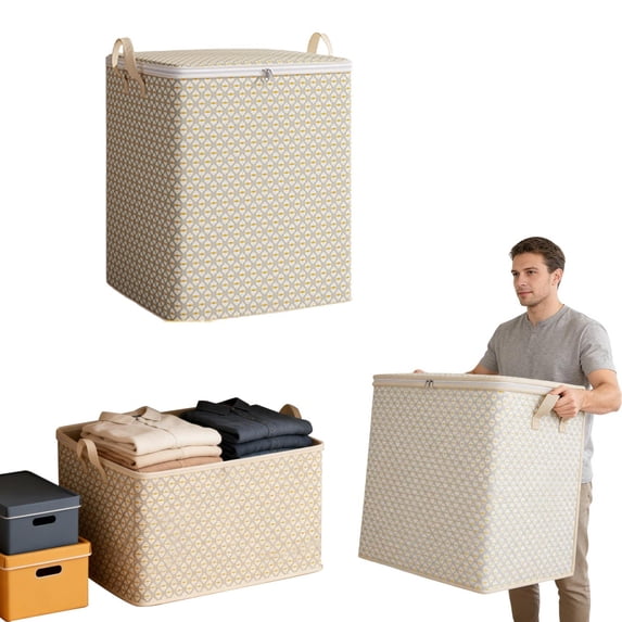 Large Storage Bags with Handles, Foldable Fabric Storage Box with Lid - Water Resistant Closet Organizer for Clothes, Blankets, Bedding, Seasonal Items