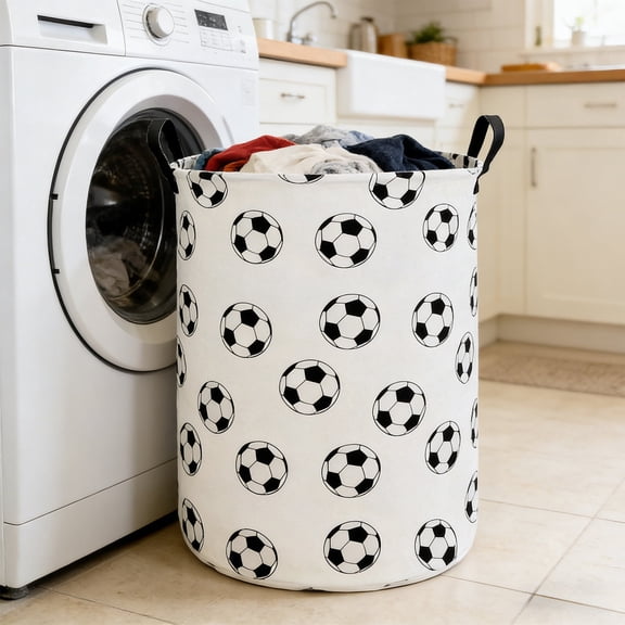 Football Print Laundry Basket Collapsible, 15.7x15.7x19.6in Round Storage Bin with Handles for Bathroom Home
