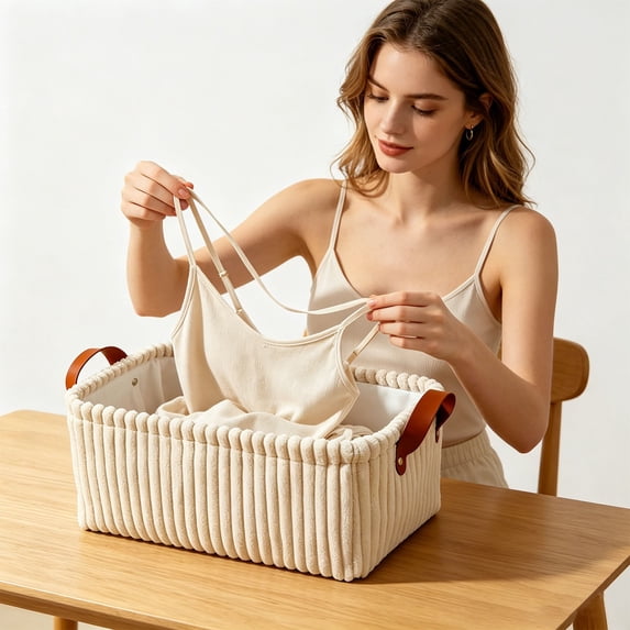 Large Storage Basket with Handles, Fabric Storage Bin Organizer for Toys Books Clothes, Corduroy Nursery Storage Basket with Faux Leather Handles for Living Room, Bedroom, and Closet