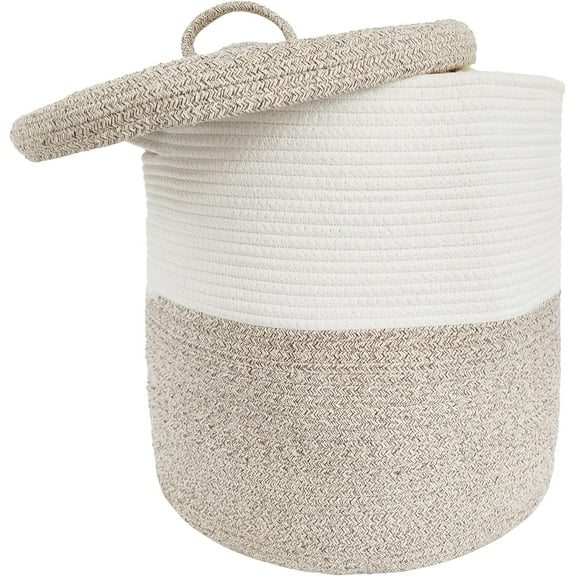 Large Storage Basket with Lid 60L, 16"Wx18"H Woven Laundry Hamper Basket with Handle, Room Decor Cotton Rope Wicker Basket Toy Organizer Bins for Clothes Blankets Pillows, Beige/White Mix includesLid