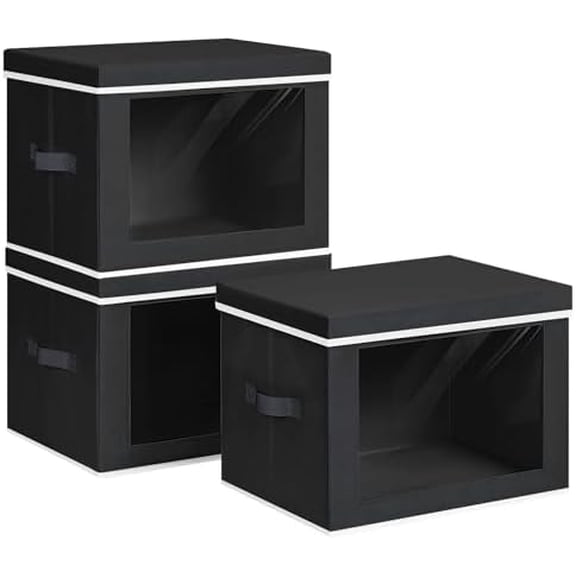 Large Storage Baskets Bins with Lids - Stackable Cube Bins for Closet, 3 Pack Black Windows Organizer Bins, Home Organizers and Storage for Clothes, CD, Towels