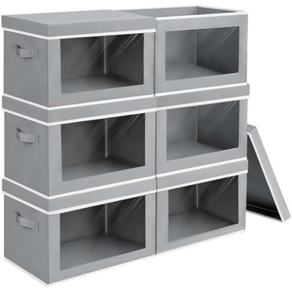 Large Storage Baskets with Lids - Stackable Cube Bins for Closet, 6 Pack Grey Windows Organizer Bins, Home Organizers and Storage for Clothes, CD, Towels