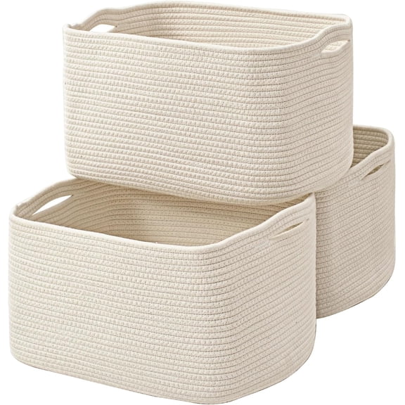 Large Storage Baskets for Organizing Shelves, Woven Cotton Rope Bins for Baby Nursery, Book and Toy Organizer, Towel Storage, 3 Pack, 17"x13"x9.5", Off White