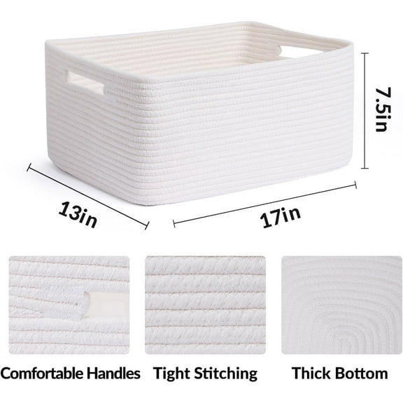 Large Storage Baskets for Shelves, Closet Organizers Bins for Clothes Blanket Towels, Baby Nursery, Toy Baskets Box, Woven Rope Baskets, 17 x 13 x 7.5, 2 Packs Off White