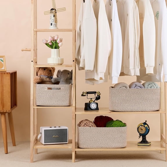 Large Storage Baskets for Shelves, Closet Organizers Bins for Clothes Blanket Towels, Baby Nursery, Toy Baskets Box, Woven Rope Baskets, 17 x 13 x 7.5", 3 Packs Mixed Brown