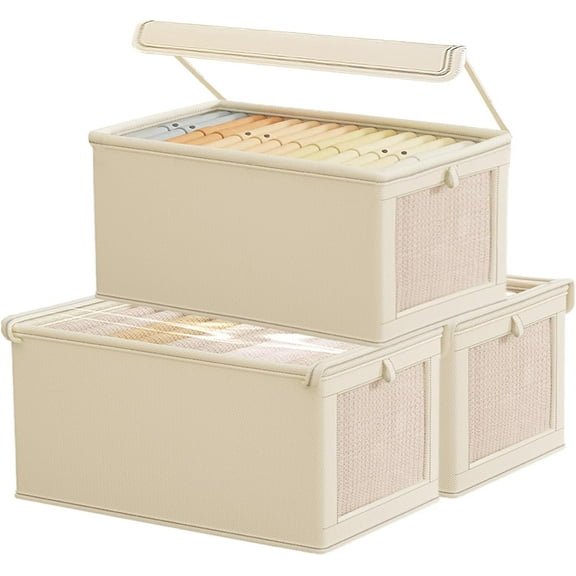 Large Storage Baskets for Shelves | Sturdy Fabric Closet Storage Bins for Organizing with Clear Window| 14"x9"x7" Collapsible Home Organization with Lid, Beige, 3-Pack