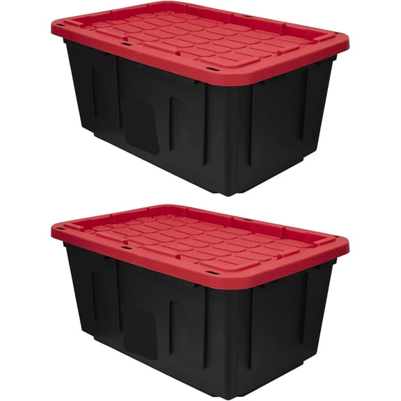 Large Storage Bin (2-Pack) 27 Gallon Plastic Storage Container with Secure Snap-On Lid, Heavy-Duty Stackable Totes for Industrial, Garage, and Home Organization, Black and Red
