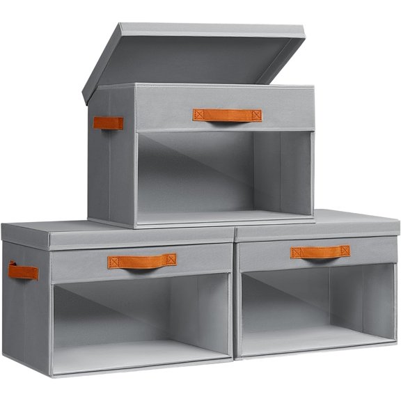 Large Storage Bins with Lids - 3 Pack Foldable Decorative Cube Organizers with Clear Windows & Handles, Storage Containers for Clothes, Blankets, Sweaters, Sheets, Grey