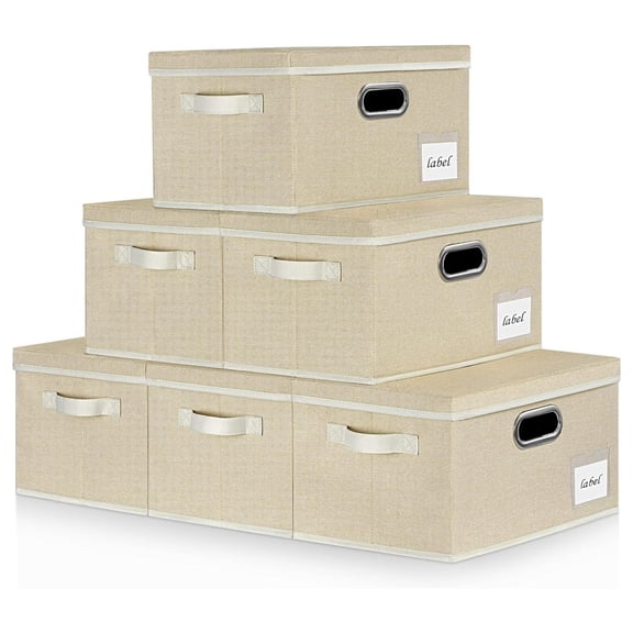 Large Storage Bins with Lids, Foldable Linen Fabric Storage Boxes with Lids, Storage Basket with Lid with Handles and Label, Storage Bin for Room Closet Office (Beige)