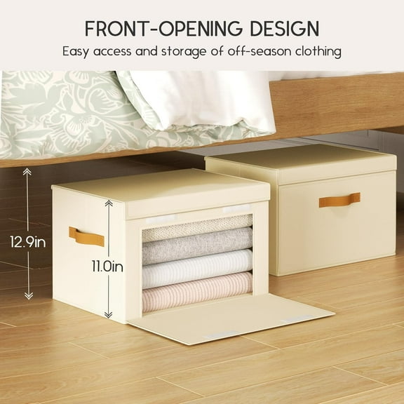 Large Storage Bins with Lids - Front Opening Fabric Storage Bins, Flap Closet Organizer with Handles, Collapsible Boxes with Lid, Decorative Basket for Home, Dorm, 6 Pack, Beige