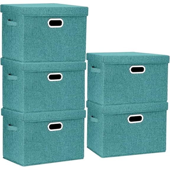 Large Storage Bins with Lids, Collapsible, Washable, Fabric Storage Boxes for Organizing, 17.3x11.8x11.4 inches, 5 Pack, Auqa Deep