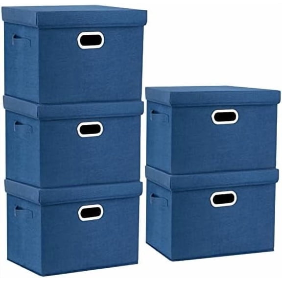 Large Storage Bins with Lids, Collapsible, Washable, Fabric Storage Boxes for Organizing, 17.3x11.8x11.4 inches, 5 Pack, Classic Blue