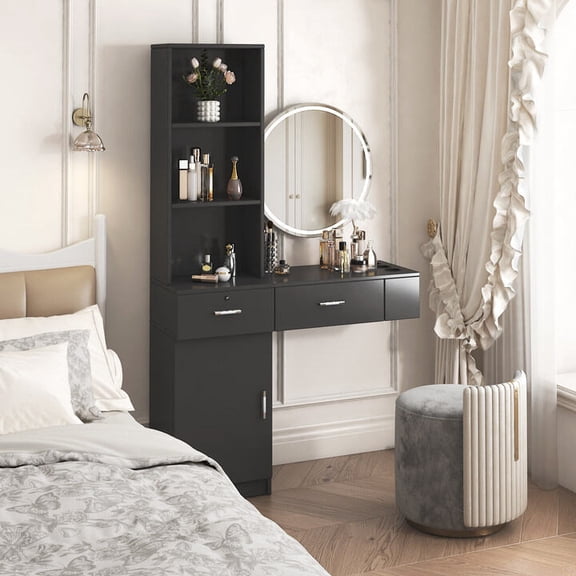 Large Storage Black MDF Hair Desk with Multi-Layer Shelves, 39.76 Tall Vanity Table for Bedroom and Salon, Space Saving