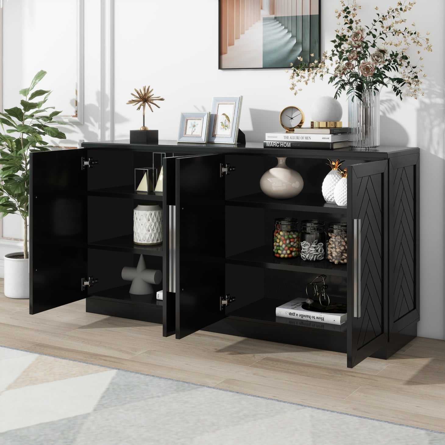 Large Storage Buffet Cabinet with 4 Doors and Adjustable Shelves ...